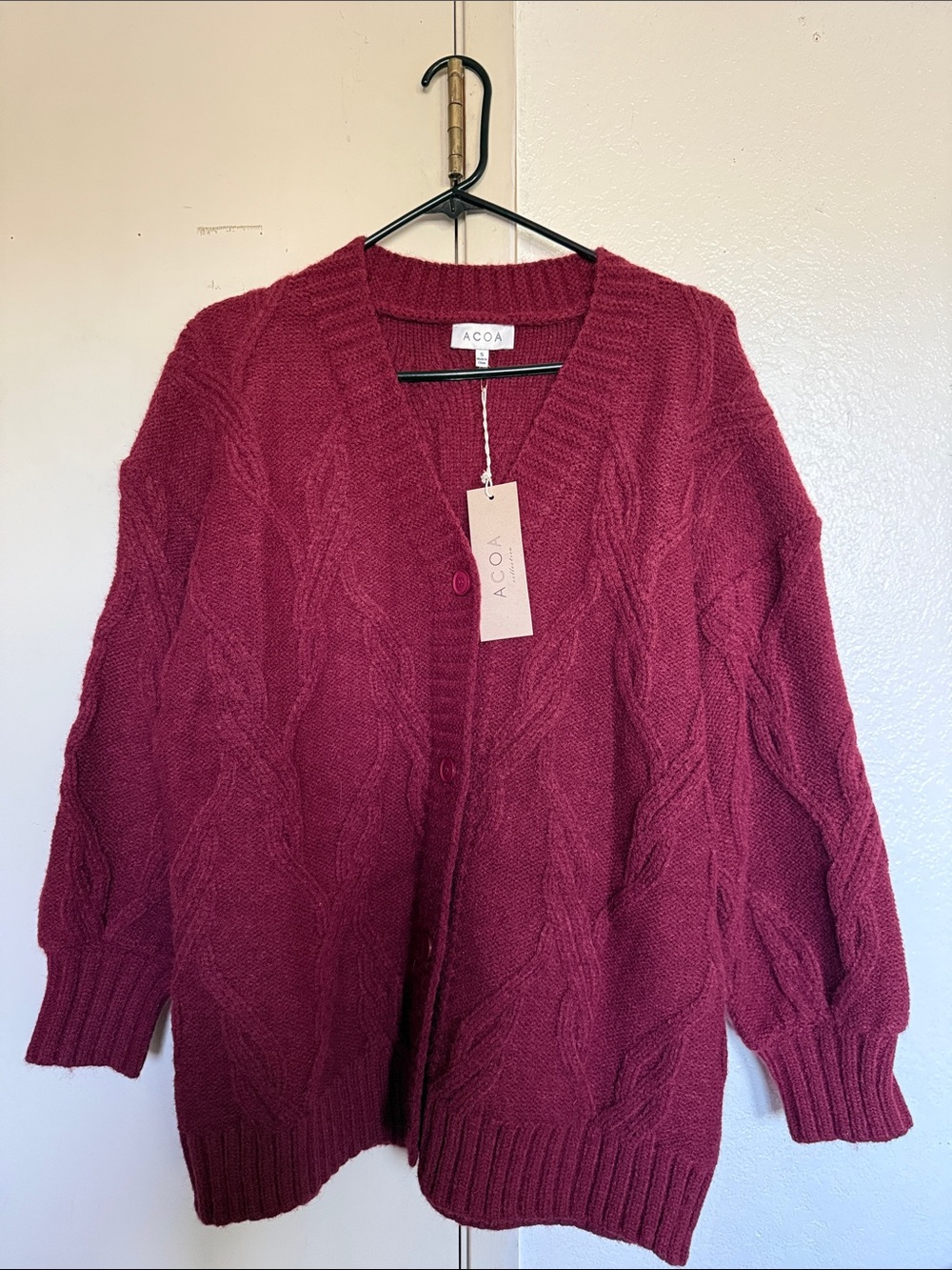 ACOA Cable-Stitch Button Cardigan - Wine